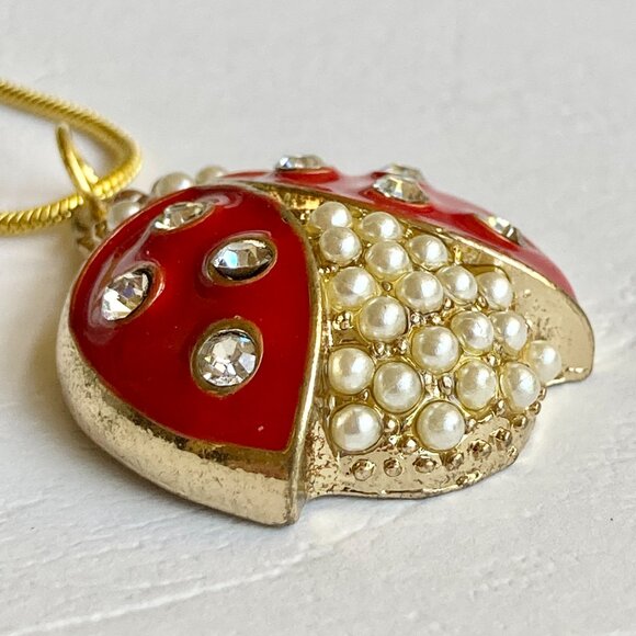Crystal Ladybug Necklace Gold Plated 16-18" Chain Insect Red Enamel Pearl - Picture 8 of 8